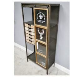Industrial Antique Black Metal And Solid Wood 1 Glass Sliding Door Tall Cabinet 153cm