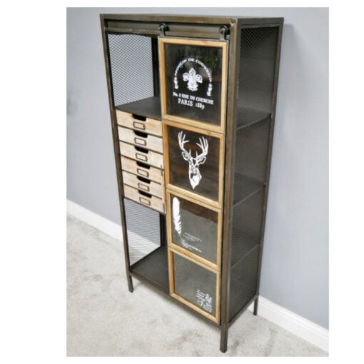 Industrial Antique Black Metal And Solid Wood 1 Glass Sliding Door Tall Cabinet 153cm