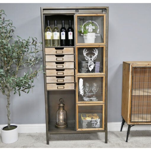 Industrial Antique Black Metal And Solid Wood 1 Glass Sliding Door Tall Cabinet 153cm