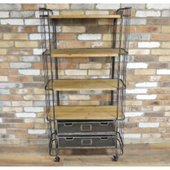 Industrial Antique Black Metal And Solid Wood 2 Crate 4 Tier Shelving Unit With Wheels 162cm