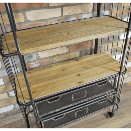 Industrial Antique Black Metal And Solid Wood 2 Crate 4 Tier Shelving Unit With Wheels 162cm