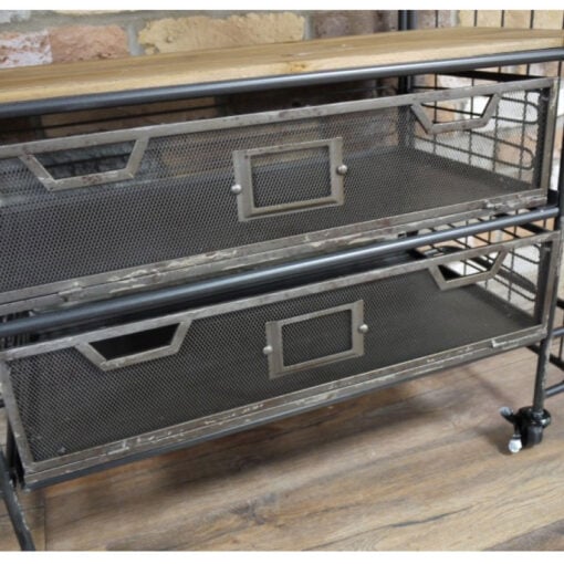 Industrial Antique Black Metal And Solid Wood 2 Crate 4 Tier Shelving Unit With Wheels 162cm