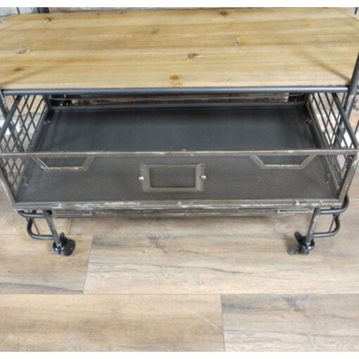 Industrial Antique Black Metal And Solid Wood 2 Crate 4 Tier Shelving Unit With Wheels 162cm