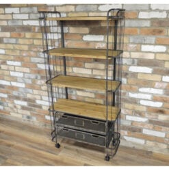 Industrial Antique Black Metal And Solid Wood 2 Crate 4 Tier Shelving Unit With Wheels 162cm