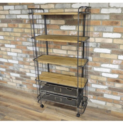 Industrial Antique Black Metal And Solid Wood 2 Crate 4 Tier Shelving Unit With Wheels 162cm