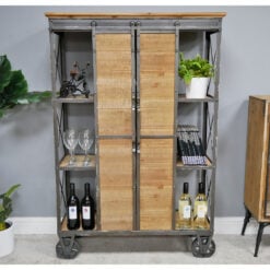 Industrial Antique Black Metal And Solid Wood 2 Sliding Doors 3 Tier Tall  Display Cabinet Shelving Unit 138cm