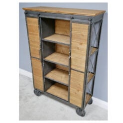 Industrial Antique Black Metal And Solid Wood 2 Sliding Doors 3 Tier Tall Display Cabinet Shelving Unit 138cm