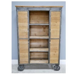 Industrial Antique Black Metal And Solid Wood 2 Sliding Doors 3 Tier Tall Display Cabinet Shelving Unit 138cm