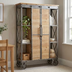 Industrial Antique Black Metal And Solid Wood 2 Sliding Doors 3 Tier Tall  Display Cabinet Shelving Unit 138cm