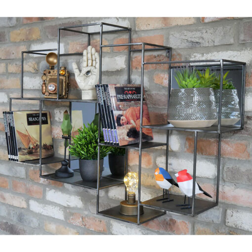 Industrial Antique Black Metal Multi Compartment Wall Shelving Unit With 2 Mirrors 98cm