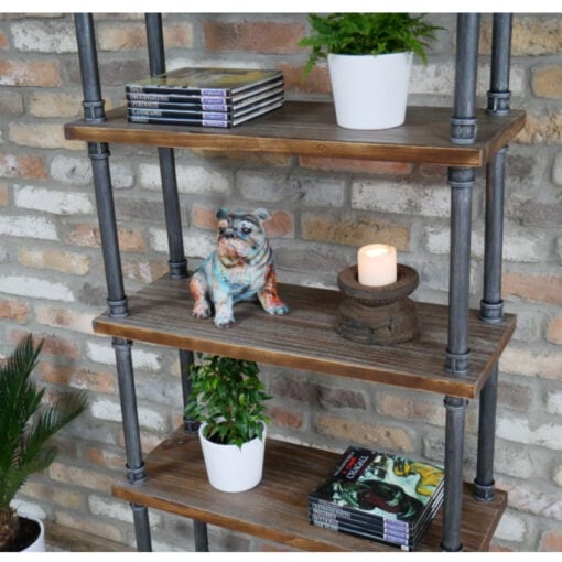 Industrial Antique Black Metal Pipe Design And Solid Wood 5 Tier Tall Open Shelving Unit 176cm