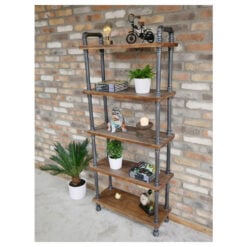 Industrial Antique Black Metal Pipe Design And Solid Wood 5 Tier Tall Open Shelving Unit 176cm