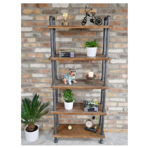 Industrial Antique Black Metal Pipe Design And Solid Wood 5 Tier Tall Open Shelving Unit 176cm