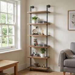Industrial Antique Black Metal Pipe Design And Solid Wood 6 Tier Tall Open Wall Shelving Unit 198cm