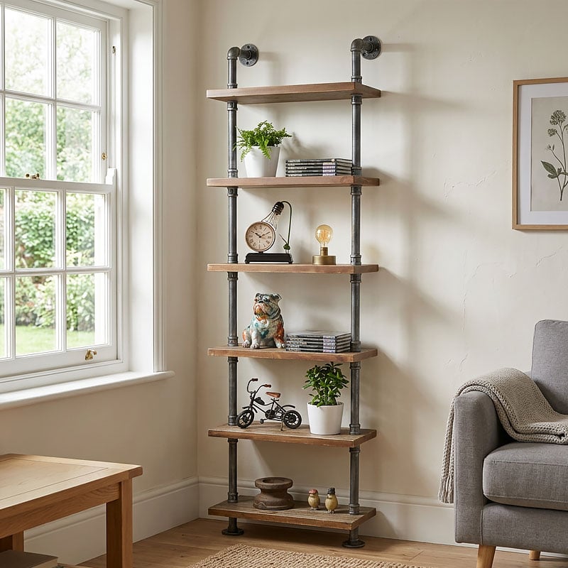 Industrial Antique Black Metal Pipe Design And Solid Wood 6 Tier Tall Open Wall Shelving Unit 198cm Industrial Antique Black Metal Pipe Design And Solid Wood 6 Tier Tall Open Wall Shelving Unit 198cm