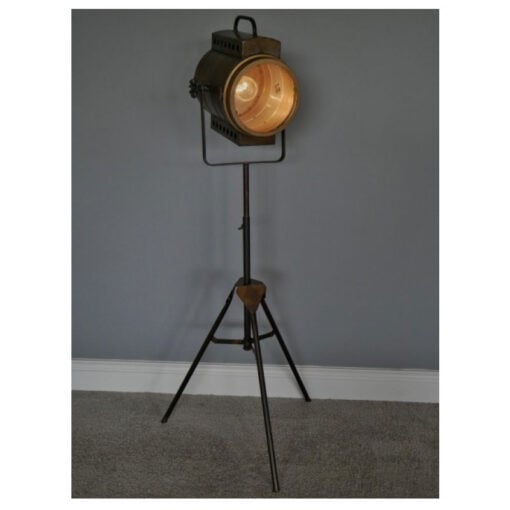Industrial Antique Gold Stage Spotlight Tripod Floor Lamp Battery Powered