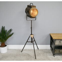Industrial Antique Gold Stage Spotlight Tripod Floor Lamp Battery Powered