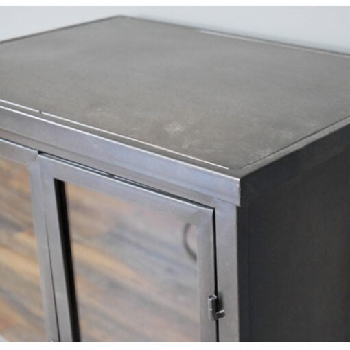 Industrial Antique Grey Metal And Glass 3 Drawer 2 Door Display Cabinet Bookcase With Wheels 127cm
