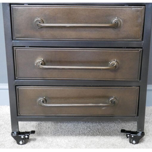 Industrial Antique Grey Metal And Glass 3 Drawer 2 Door Display Cabinet Bookcase With Wheels 127cm