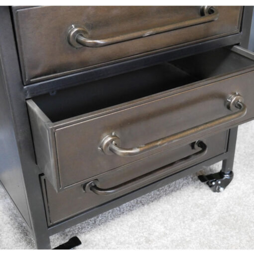 Industrial Antique Grey Metal And Glass 3 Drawer 2 Door Display Cabinet Bookcase With Wheels 127cm
