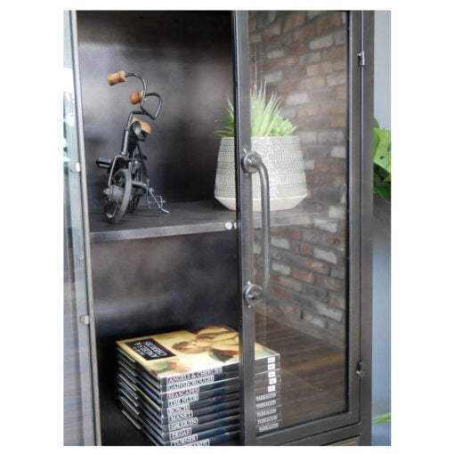 Industrial Antique Grey Metal And Glass 3 Drawer 2 Door Display Cabinet Bookcase With Wheels 127cm