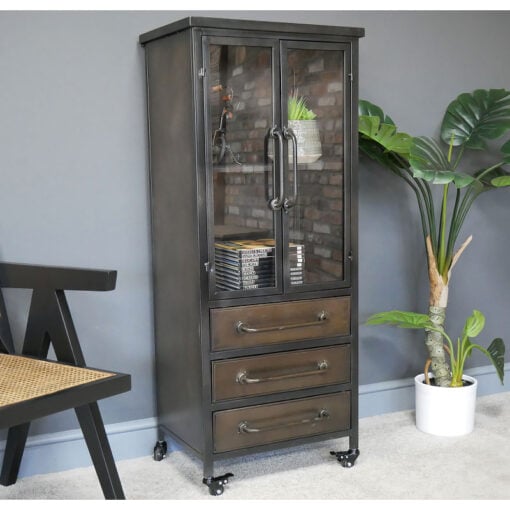 Industrial Antique Grey Metal And Glass 3 Drawer 2 Door Display Cabinet Bookcase With Wheels 127cm