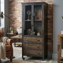 Industrial Antique Grey Metal And Glass 3 Drawer 2 Door Display Cabinet Bookcase With Wheels 127cm