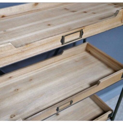 Industrial Antique Grey Metal And Solid Wood 4 Tier Crates Shelving Unit With Wheels 146cm