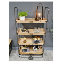 Industrial Antique Grey Metal And Solid Wood 4 Tier Crates Shelving Unit With Wheels 146cm