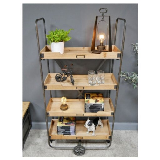 Industrial Antique Grey Metal And Solid Wood 4 Tier Crates Shelving Unit With Wheels 146cm