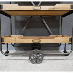 Industrial Antique Grey Metal And Solid Wood 4 Tier Crates Shelving Unit With Wheels 146cm