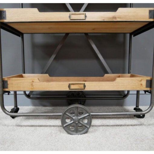 Industrial Antique Grey Metal And Solid Wood 4 Tier Crates Shelving Unit With Wheels 146cm