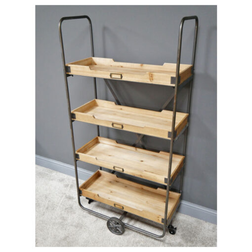 Industrial Antique Grey Metal And Solid Wood 4 Tier Crates Shelving Unit With Wheels 146cm