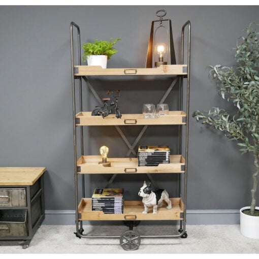 Industrial Antique Grey Metal And Solid Wood 4 Tier Crates Shelving Unit With Wheels 146cm