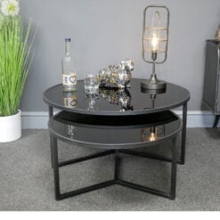 Industrial Black Metal And Black Glass Set Of 2 Nesting Coffee Tables