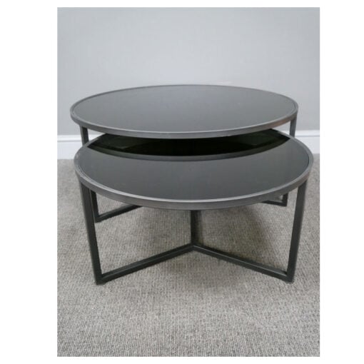 Industrial Black Metal And Black Glass Set Of 2 Nesting Coffee Tables