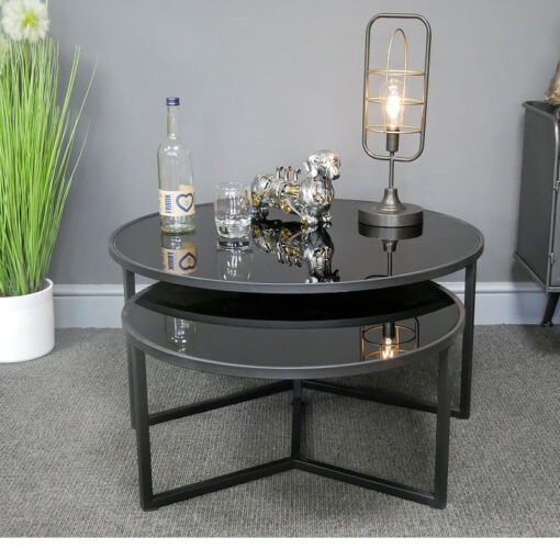 Industrial Black Metal And Black Glass Set Of 2 Nesting Coffee Tables