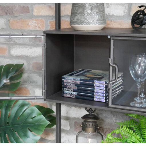 Industrial Black Metal And Glass 4 Tier 3 Door Tall Shelving Display Unit 180cm