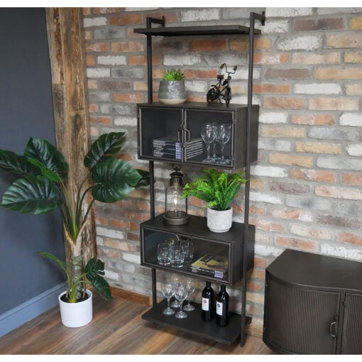 Industrial Black Metal And Glass 4 Tier 3 Door Tall Shelving Display Unit 180cm