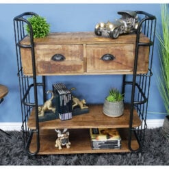 Industrial Black Metal And Mango Wood Drinks Trolley Small 2 Drawer 2 Shelf Cabinet With Wheels 102cm