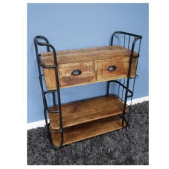 Industrial Black Metal And Mango Wood Drinks Trolley Small 2 Drawer 2 Shelf Cabinet With Wheels 102cm