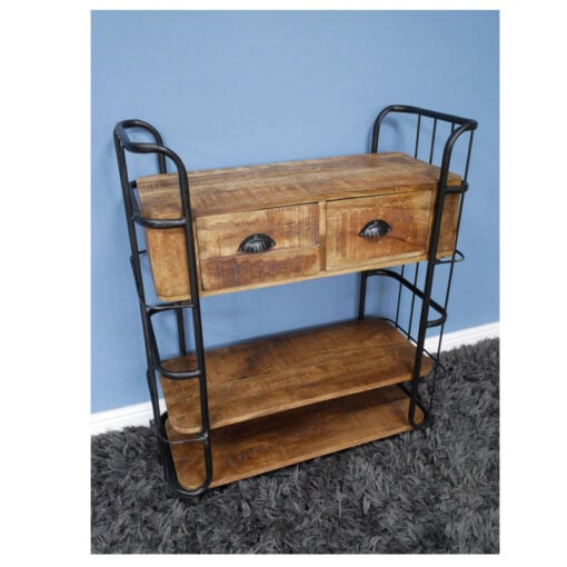 Industrial Black Metal And Mango Wood Drinks Trolley Small 2 Drawer 2 Shelf Cabinet With Wheels 102cm