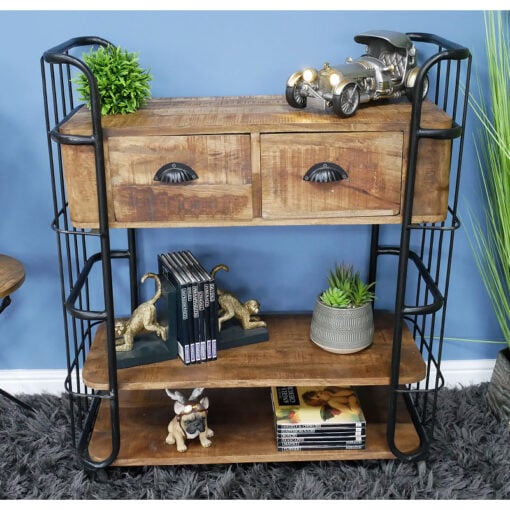 Industrial Black Metal And Mango Wood Drinks Trolley Small 2 Drawer 2 Shelf Cabinet With Wheels 102cm