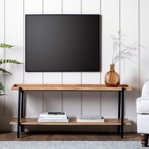 Industrial Black Metal And Oak Wood Veneer 2 Tier Open TV Stand Media Unit 120cm