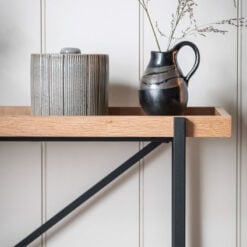 Industrial Black Metal And Oak Wood Veneer 2 Tier Slim Console Table