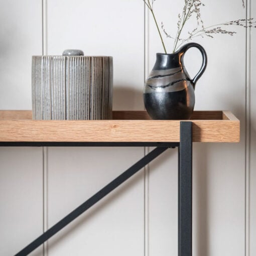 Industrial Black Metal And Oak Wood Veneer 2 Tier Slim Console Table