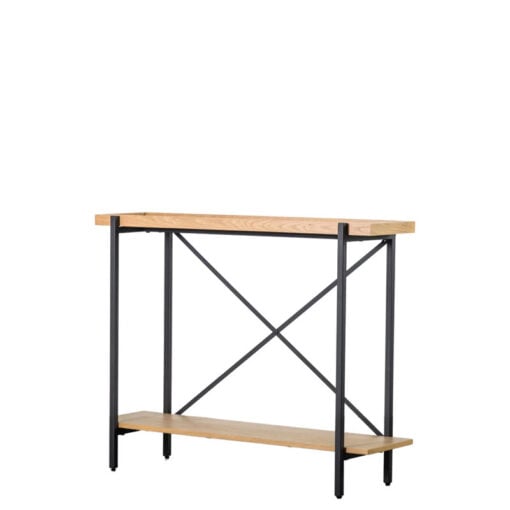 Industrial Black Metal And Oak Wood Veneer 2 Tier Slim Console Table