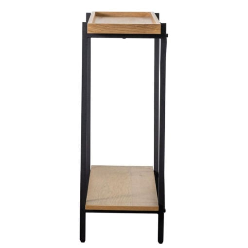 Industrial Black Metal And Oak Wood Veneer 2 Tier Slim Console Table