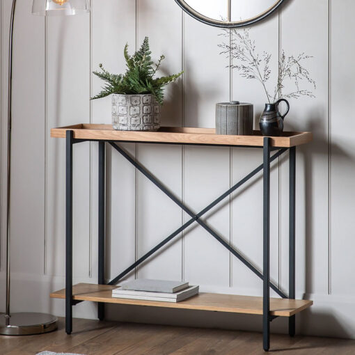 Industrial Black Metal And Oak Wood Veneer 2 Tier Slim Console Table