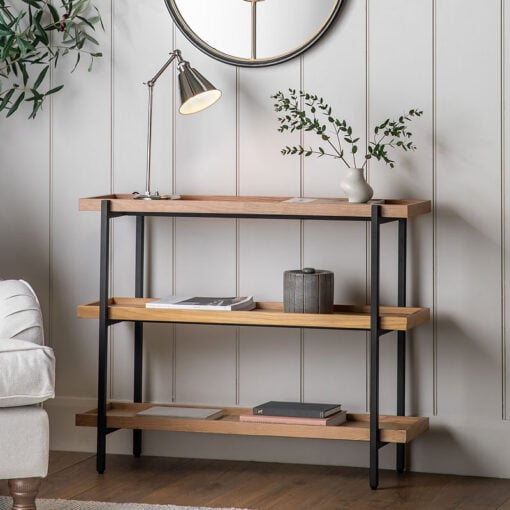 Industrial Black Metal And Oak Wood Veneer 3 Tier Open Shelving Display Unit 79cm